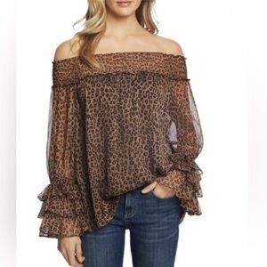 Cece Leopard Print Off-Shoulder Top with 3-Tier Ruffle Sleeve